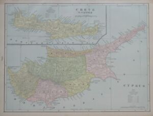 Original 1900 Map Cyprus Crete Famagusta Larnaka Nicosia Limassol Candia Canea