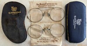 Antique Pince Nez Glasses Ball Optical Louisville Ky 10k Gold 2 Pair W Cases