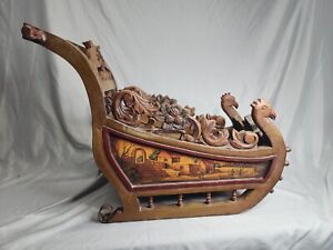 Antique German Carved Wooden Sleigh Hand Painted Scenes