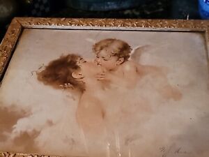 Antique Picture Cupid Embracing A Dream Of Love Antique Wood Frame 14 1 2 11 1 2