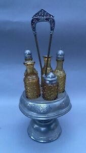 Antique Victorian Silver Plate Amber Glass 5 Bottle Condiment Cruet Set