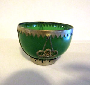Chinese Antique Spinach Jade Metal Cup Bowl From China Dragon Phoenix Signed