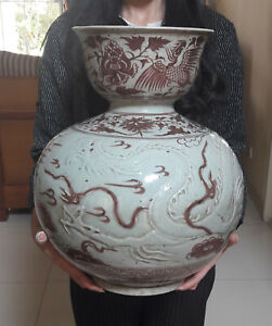 Extra Big Old And Antique Chinese Yuan Copper Red Dragon Relief Bowl Jar