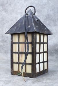 Arts And Crafts Outdoor Hanging Slag Glass Lamp With Wrought Iron Hanger