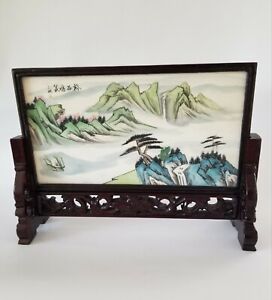 Chinese Painted Marble And Rosewood Table Screen Post 1924