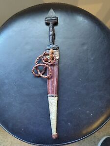 Vintage Tribal African Congolese Art Dagger Knife Iron Leather Handle W Sheath