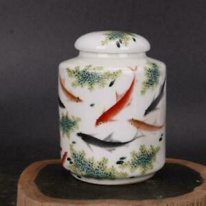 Chinese Antiques Handmake Porcelain Pastel Fish Pattern Tea Leaf Jar Qq32