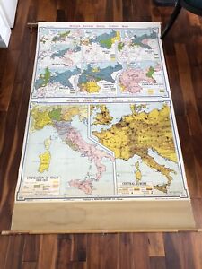 Vintage 1957 Europe Denoyer Geppert Classroom Pull Down World Wall Hanging Map