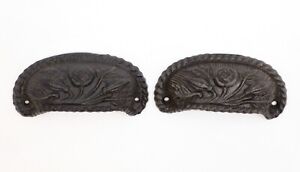 Pair Of Antique 4 In Black Cast Iron Floral Bin Pulls
