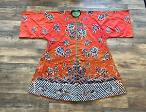 Antique Chinese Silk Embroidery Red Robe With Blue Flowers Butterflies