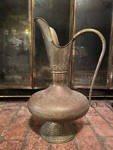 Indo Persian Brass Bronze Etched Pitcher Early 19th Century 21 Tall