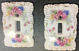 Vtg Floral Hand Painted Porcelain Ornate Single Light Switch Plate Cover Pair