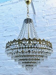 33 X 16 5 Vintage French Empire Chandelier Tiered Crystal Gold Brass Hollywood