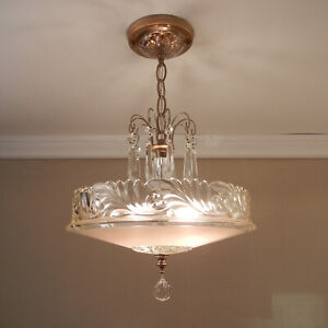Vintage Chandelier 1930s Fleur De Lis Glass Solid Brass Ceiling Light Fixture