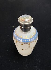 Victorian Hand Painted Opaque Glass Perfume Scent Bottle Hinged Sterling Top