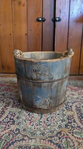 Best Antique Early Primitive Wood Staved Piggin Well Bucket Old Blue Paint 10 