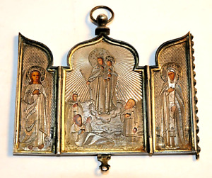 Russian Imperial Triptych Panagia Travel 84 Silver Icon Mather Kazan Jesus Cross