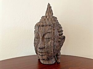 Thai Goddess Head Bust Statue Faux Wood Brutalist Vintage Resin