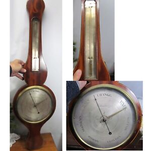 Antique English Aneroid Wheel Barometer Thermometer Signed Somalvico