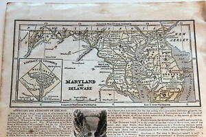 1844 Authentic Original Morse Antique Atlas Map Maryland Delaware Handcolored