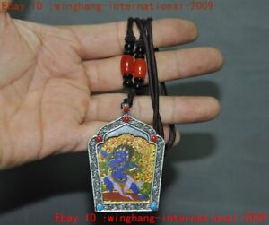 Tibetan Tibet Silver Gem Vajrapani Mahakala Statue Amulet Shrine Thangka Pendant