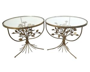 Italian Tole Floral Bouquet Side Tables Gold Hollywood Regency Glass Set Of 2 