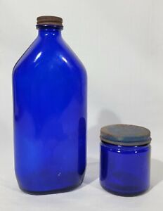 Vintage 1 Blue Large Bottle 1 Blue Small Jar Apothecary