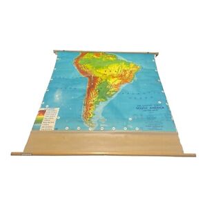 Vtg 40s 50s Old School Canvas Pull Down Map Of South America Weber Costello