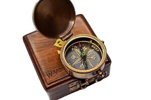 Nautical Vintage East India Company Antique Brass Pocket Compass With Wooden Box