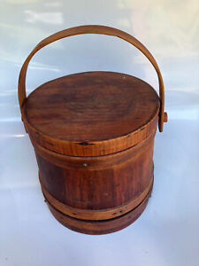 Antique 11 5 Primitive Copper Nail Staved Sugar Bucket Firkin Box W Lid