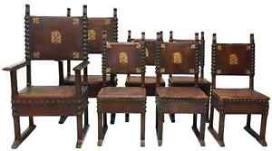 Antique Chairs Spanish Baroque Style Oak Leather 7 Nailhead Finials 1800s