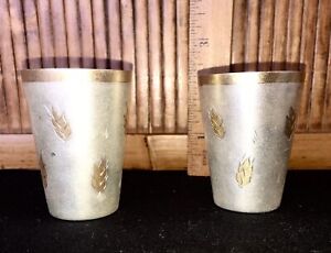 Set Of 2 Vtg Russian Melchior Vodka Cups Gold Leaf Pattern On Silver Plate