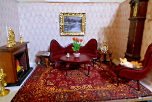 Beautiful Victorian Deep Burgany Sofa And Chair Fireplace Clock Rug 