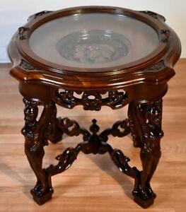 1920 Antique Mahogany Carved Knight Figures Coffee Table Removable Tray Top