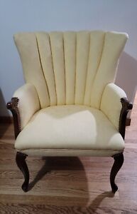 1950 S Channel Back Vintage Arm Chair Nailhead Upholstered Yellow Fabric