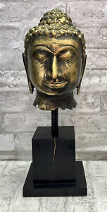 Large Heavy Brass Buddha Bust Head Sculpture Statue