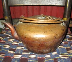 Antique Middle Eastern Copper Tea Kettle Hammered Pot Unusual Moroccan Chained L