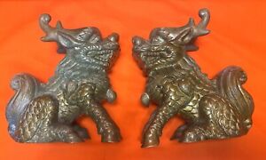 Antique Chinese Bronze Temple Forest Foo Dogs 28lbs Bookends Statues Signed 8 5 