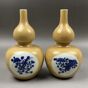 A Pair Chinese Blue White Porcelain Handpainted Exquisite Gourd Vases 10316