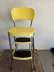 Cosco Kitchen Step Stool Chair Yellow Metal Pull Out Steps Yellow Mid Century