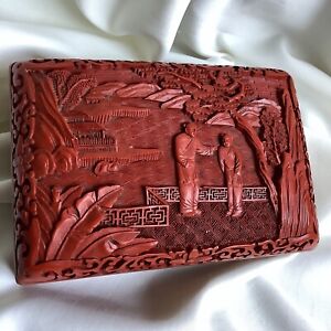 Chinese Antique Handmade Cinnabar Lacquer Father Son Boy Dad Bronze Vase Box Red