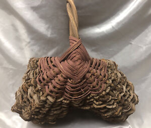 Antique Buttocks Basket 17 Twig Vine Mauve Paint Late 1800s To Early 1900s