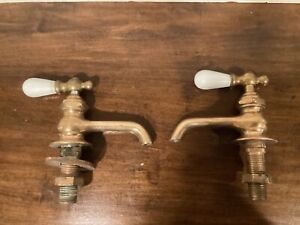 Vintage Brass Hot Cold Water Faucet Bathroom Sink Porcelain Handles Quick Press