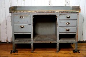 Antique Workbench Kitchen Island Wood Counter Watchmakers Cabinet Machinist Desk