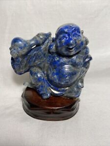 Lapis Lazuli Laughing Buddha Vintage Chinese Hand Carved On Wood Base