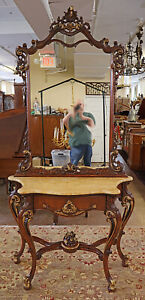 Mahogany Louis Xv French Style Marble Top Console With Mirror