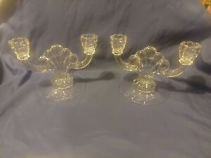 Antique Pair Pressed Glass Double Candelabra Candlestick Holders