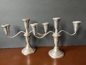 Pair Art Deco Sterling Silver Candle Sticks 3 Light Candelabras Candlesticks