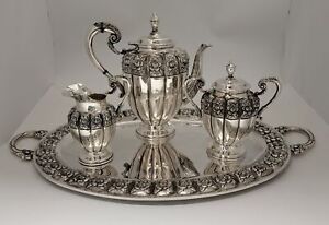 Mexico City Aztec Rose Sterling Silver Tea Coffee Set With Tray Eagle 1 Mark