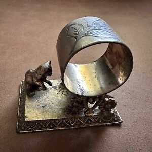 Victorian Knickerbocker Silver Co Figural Floral Cat Chasing Bird Napkin Ring